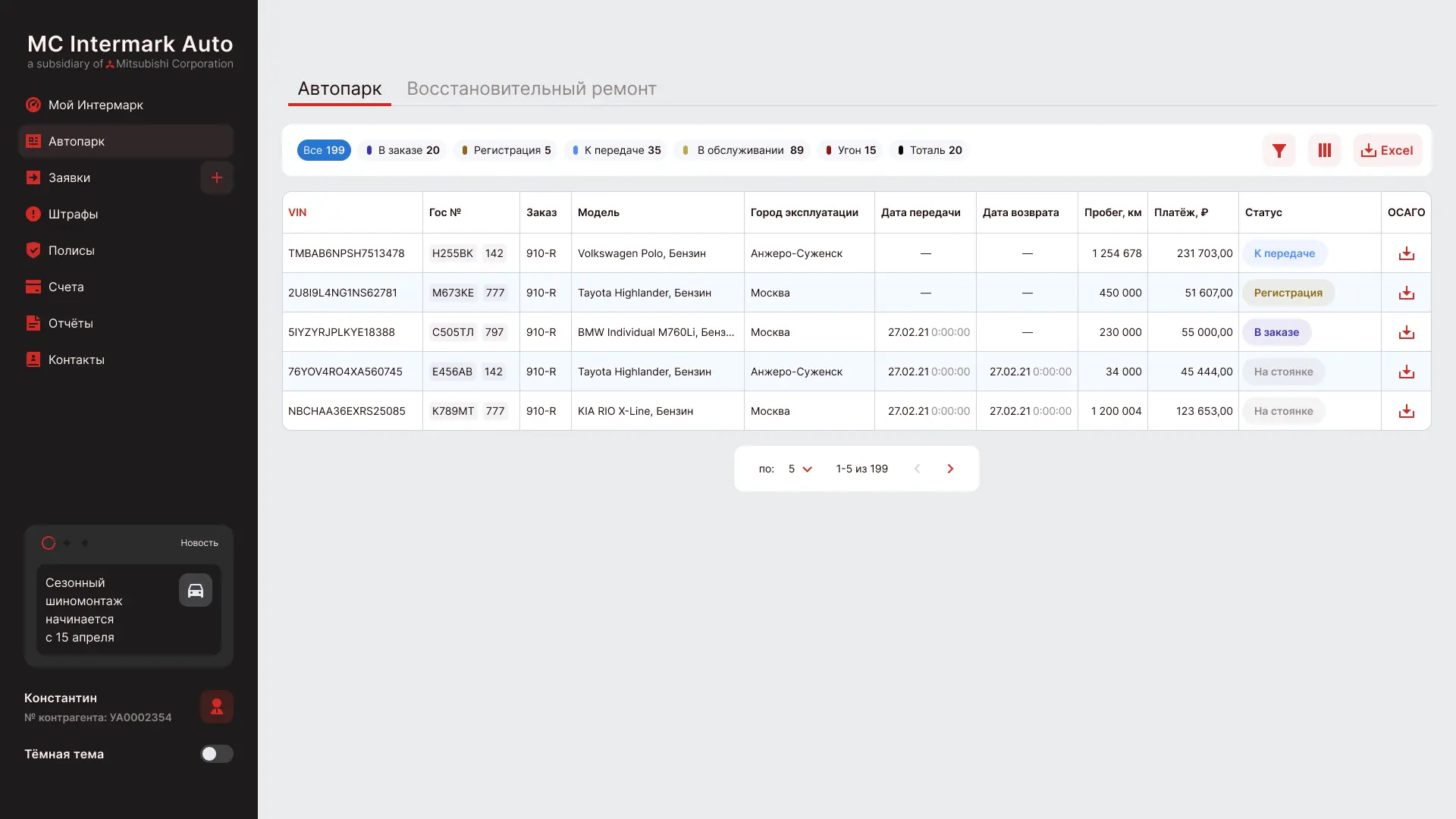 Экран CRM Intermark — карточка автомобиля